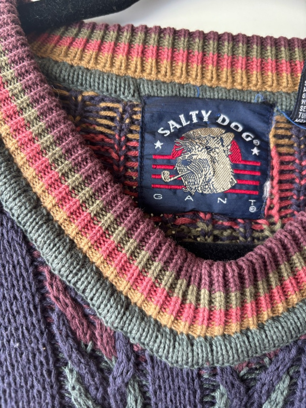 Vintage Cable Crewneck Sweater - Purple with Pink & Yellow Accents - Picture 2 of 3